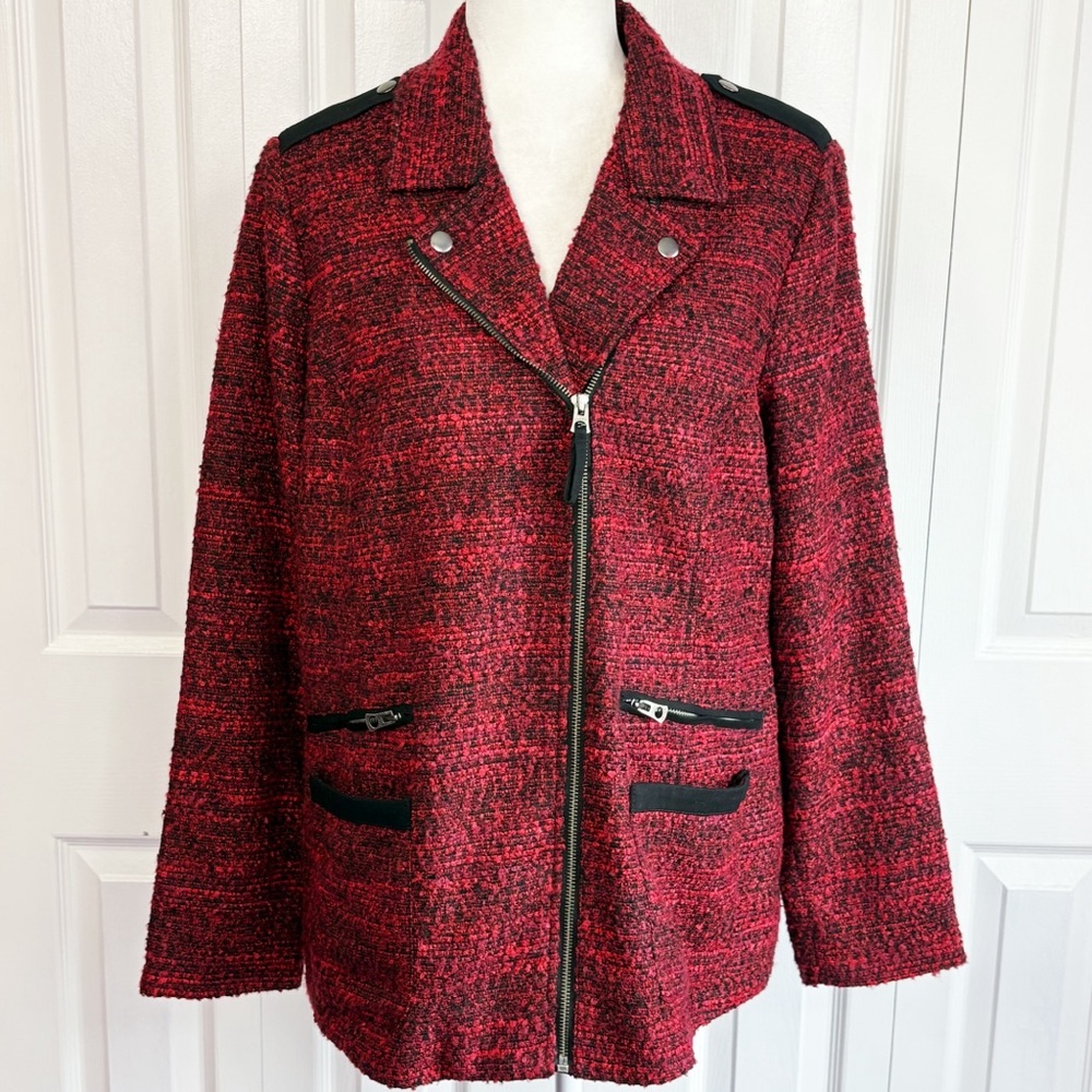 Lucky Brand Red Shaggy Tweed Long Sleeve Zippered Moto Jacket Large